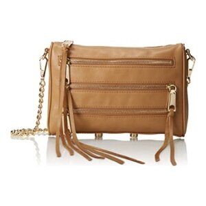 REBECCA MINKOFF Mini 5 Zip Studded Leather Crossbody Bag Chain Strap Tan